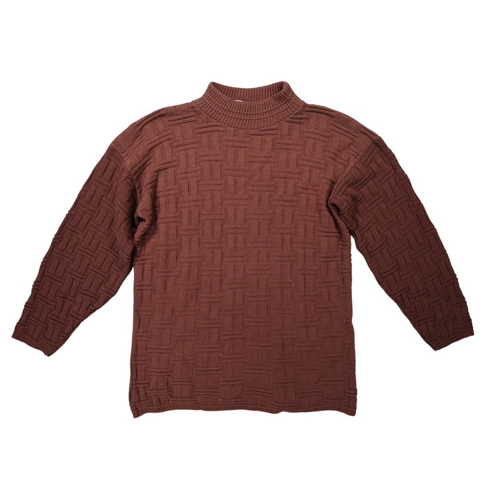 Basic Editions Sweater Mens Large Brown Excellent Vintage Basketweave Mock Neck